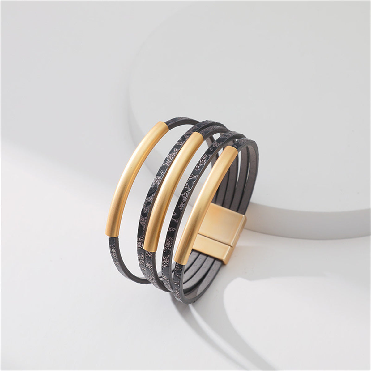 Black Polystyrene and 18K Gold-Plated Leopard Bar Multistrand Cuff, gold bracelet for women, styled look