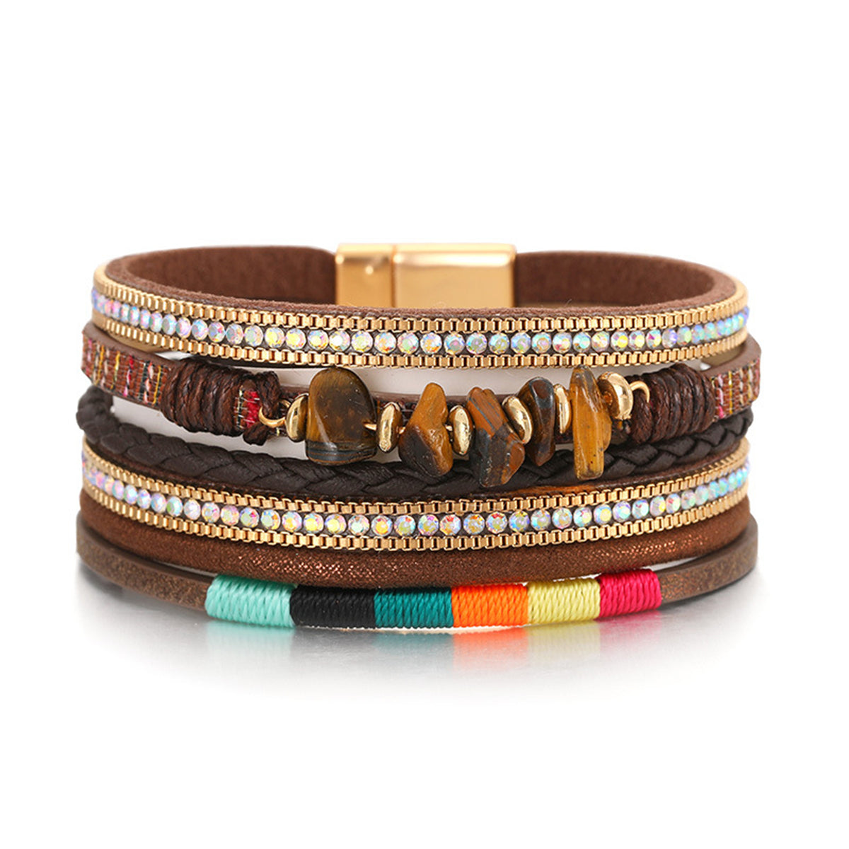 Cubic Zirconia and Brown Polystyrene 18K Gold-Plated Stacked Bracelet, gold bracelet for women, everyday style, front view