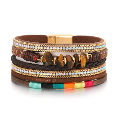 Cubic Zirconia and Brown Polystyrene 18K Gold-Plated Stacked Bracelet, gold bracelet for women, everyday style, front view