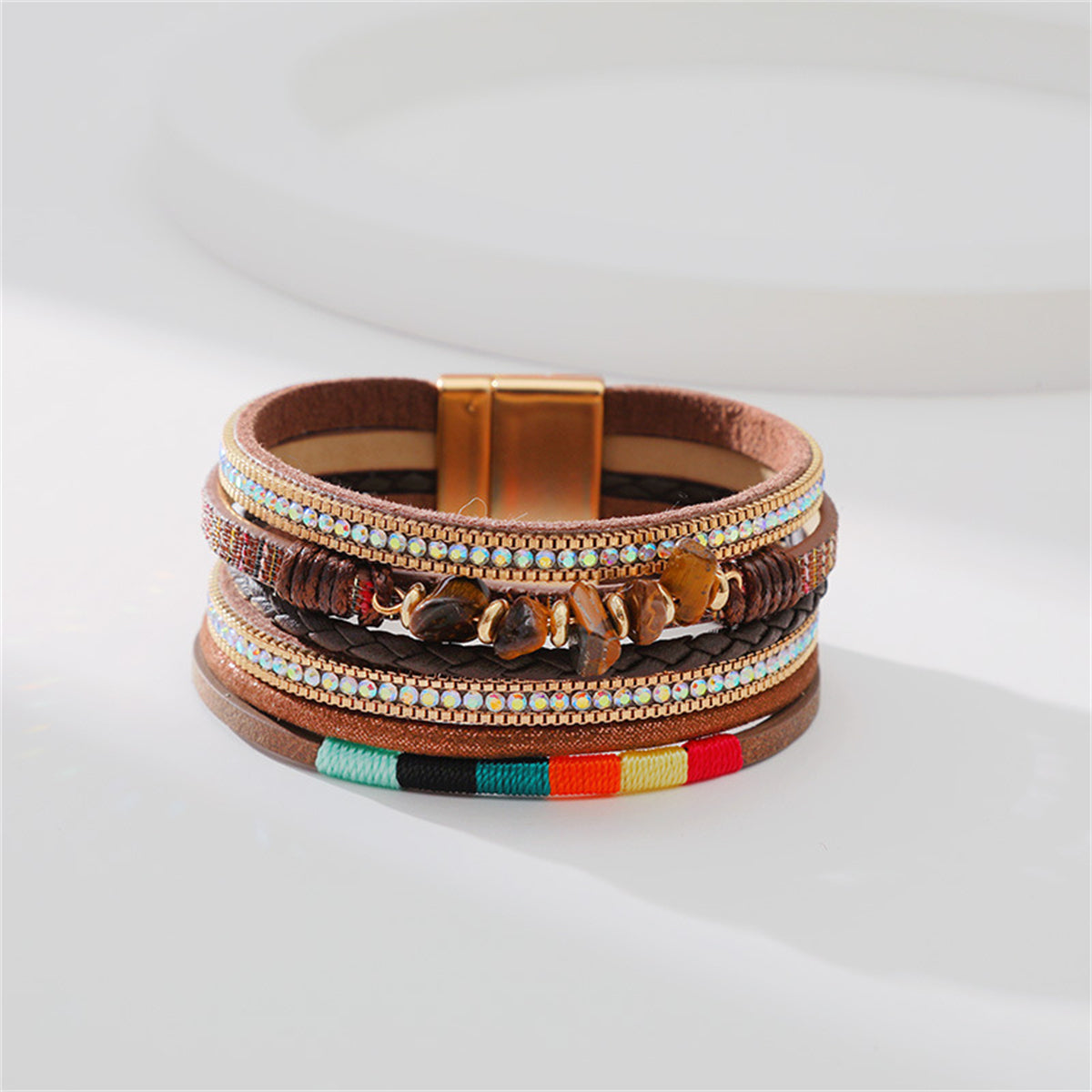 Cubic Zirconia and Brown Polystyrene 18K Gold-Plated Stacked Bracelet, gold bracelet for women, lifestyle look