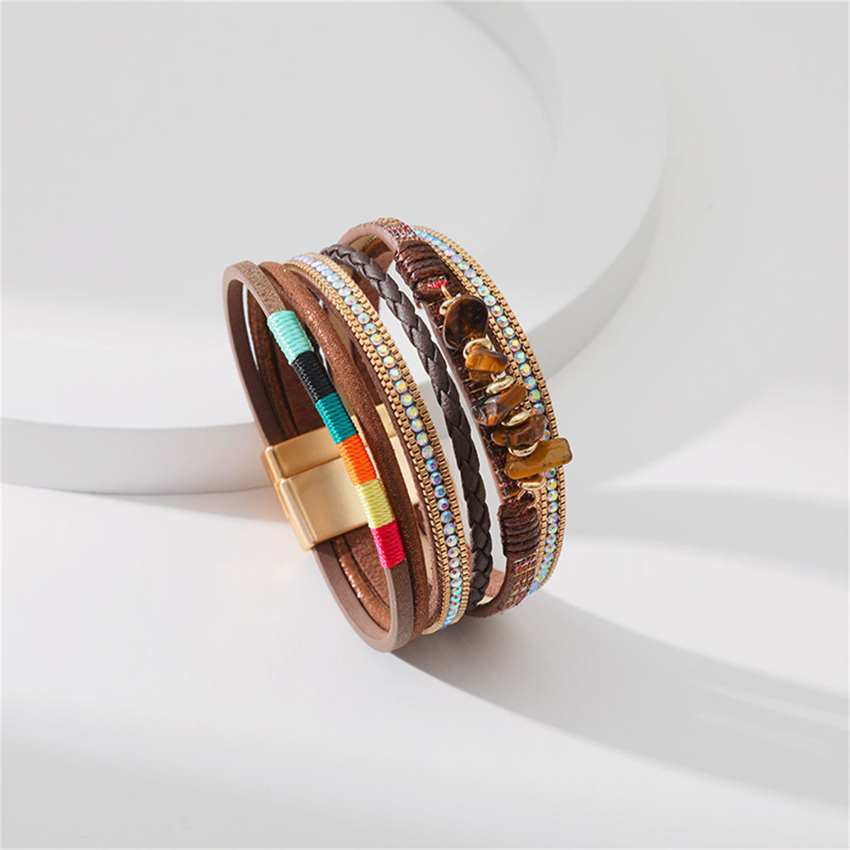 Cubic Zirconia and Brown Polystyrene 18K Gold-Plated Stacked Bracelet, gold bracelet for women, everyday style, side view