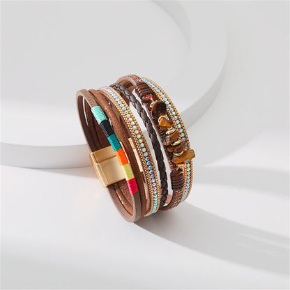 Cubic Zirconia and Brown Polystyrene 18K Gold-Plated Stacked Bracelet, gold bracelet for women, everyday style, side view