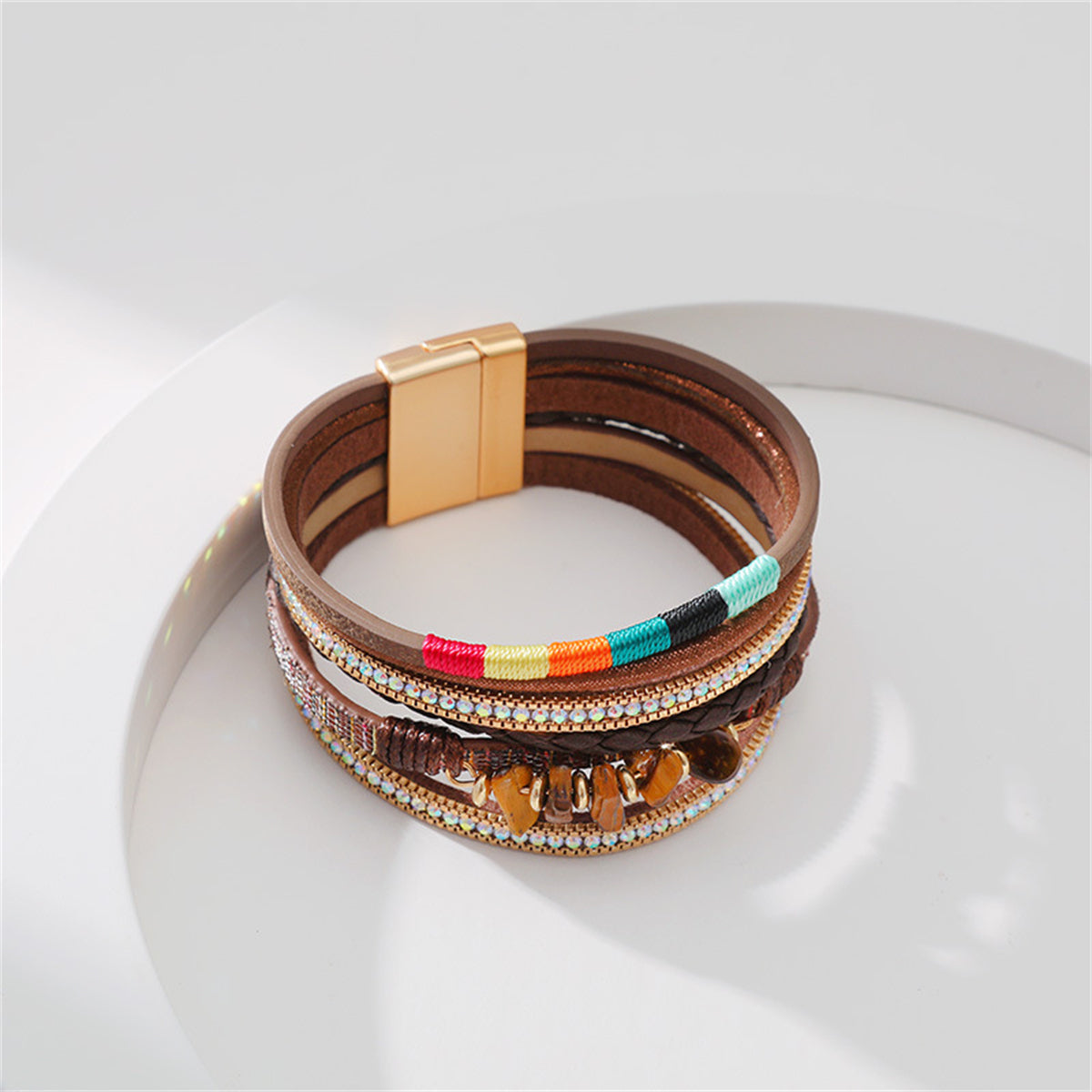 Cubic Zirconia and Brown Polystyrene 18K Gold-Plated Stacked Bracelet, gold bracelet for women, detail close-up