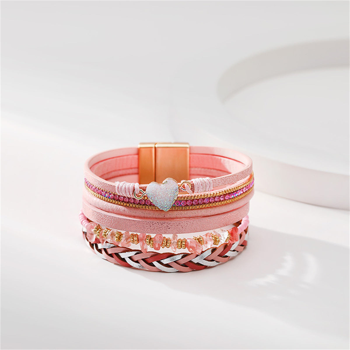 Pink Polystyrene & Cubic Zirconia Heart Layered Bracelet