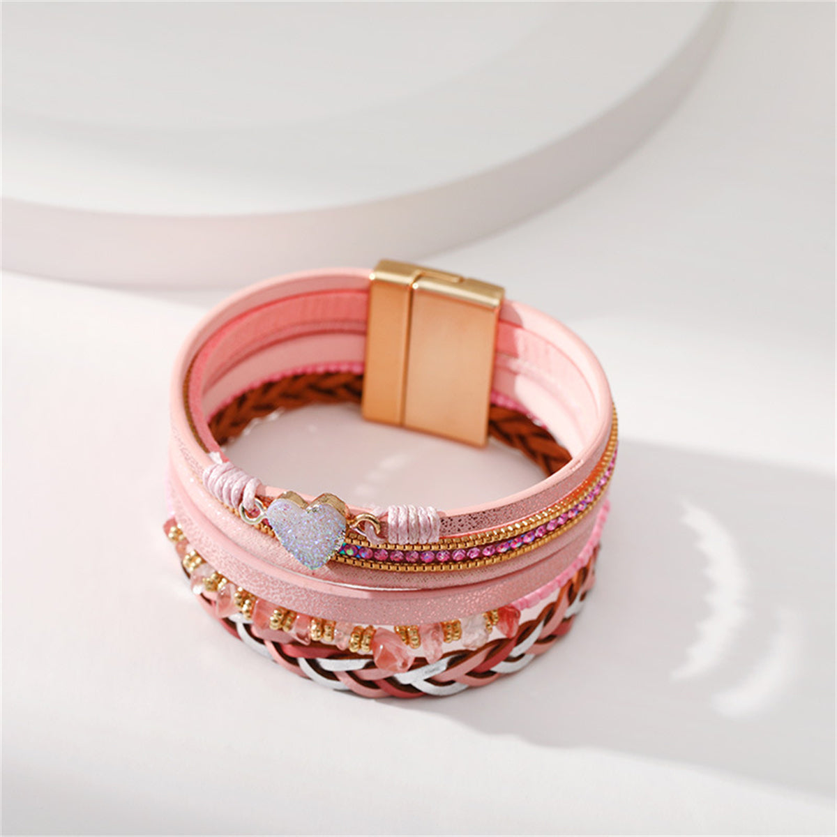 Pink Polystyrene & Cubic Zirconia Heart Layered Bracelet
