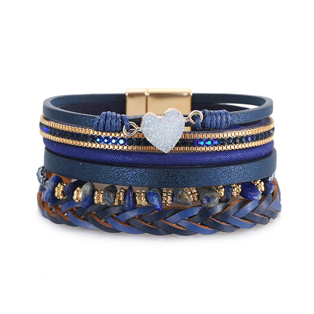 Turquoise and Navy Polystyrene 18K Gold-Plated Layered Bracelet, gold bracelet for women, botanical inspired, front view