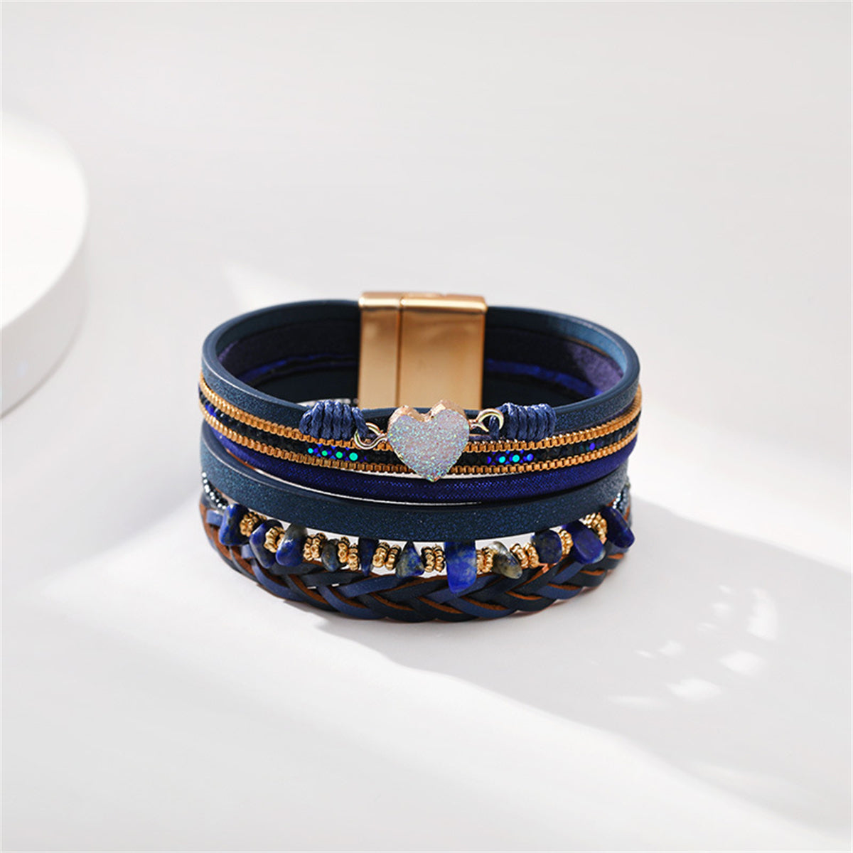 Turquoise and Navy Polystyrene 18K Gold-Plated Layered Bracelet, gold bracelet for women, botanical inspired, detail close-up