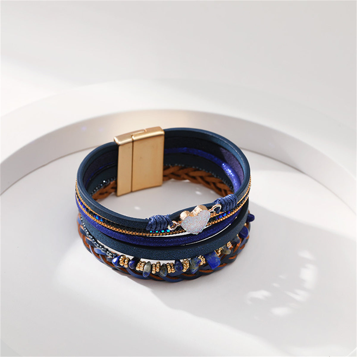 Turquoise and Navy Polystyrene 18K Gold-Plated Layered Bracelet, gold bracelet for women, botanical inspired, lifestyle look