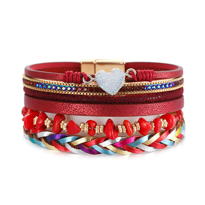Red Polystyrene and Cubic Zirconia Heart Layered Bracelet, bracelet for women, dainty minimalist design, front view