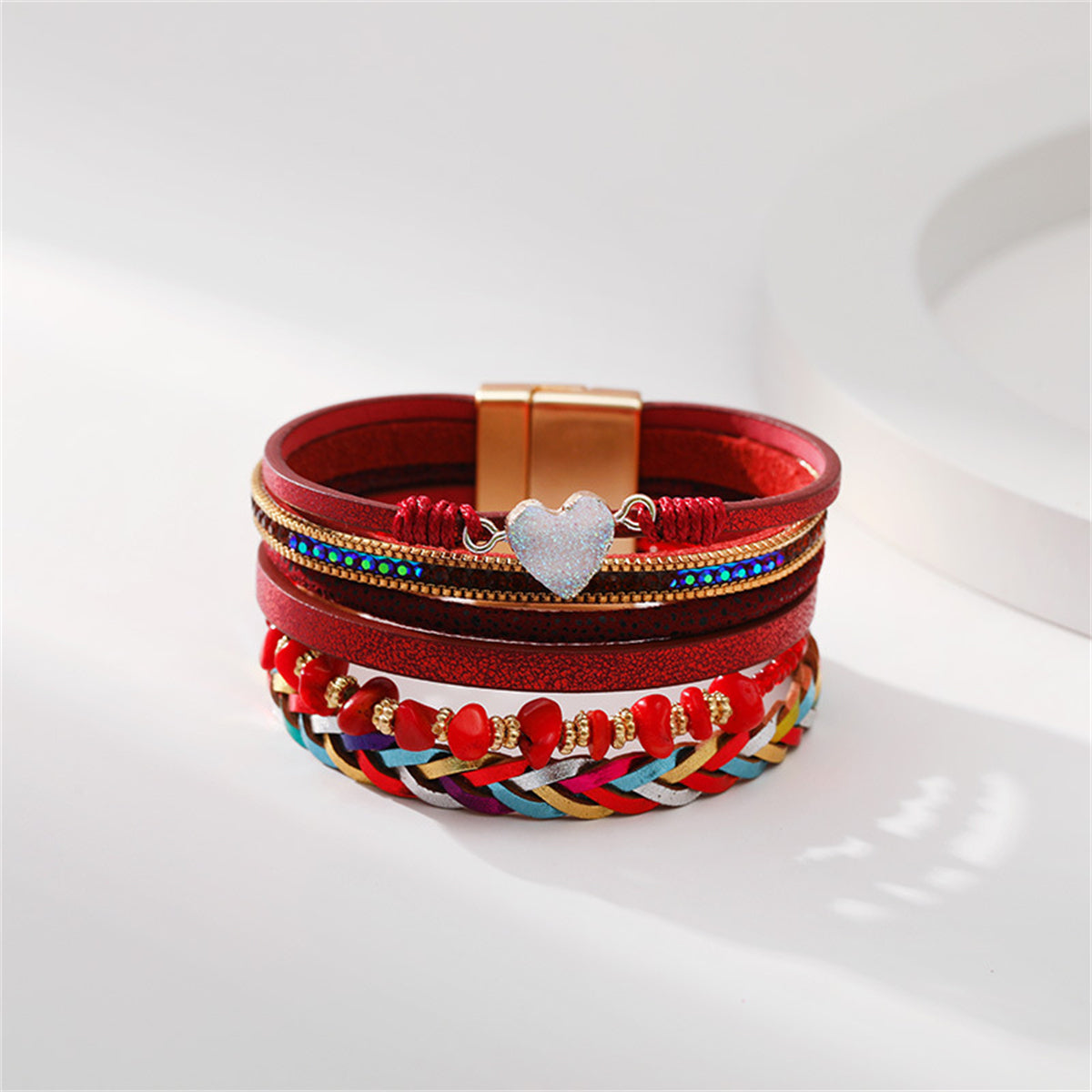 Red Polystyrene and Cubic Zirconia Heart Layered Bracelet, bracelet for women, dainty minimalist design, styled look