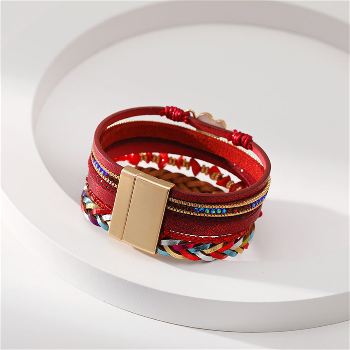 Red Polystyrene and Cubic Zirconia Heart Layered Bracelet, bracelet for women, dainty minimalist design, detail close-up
