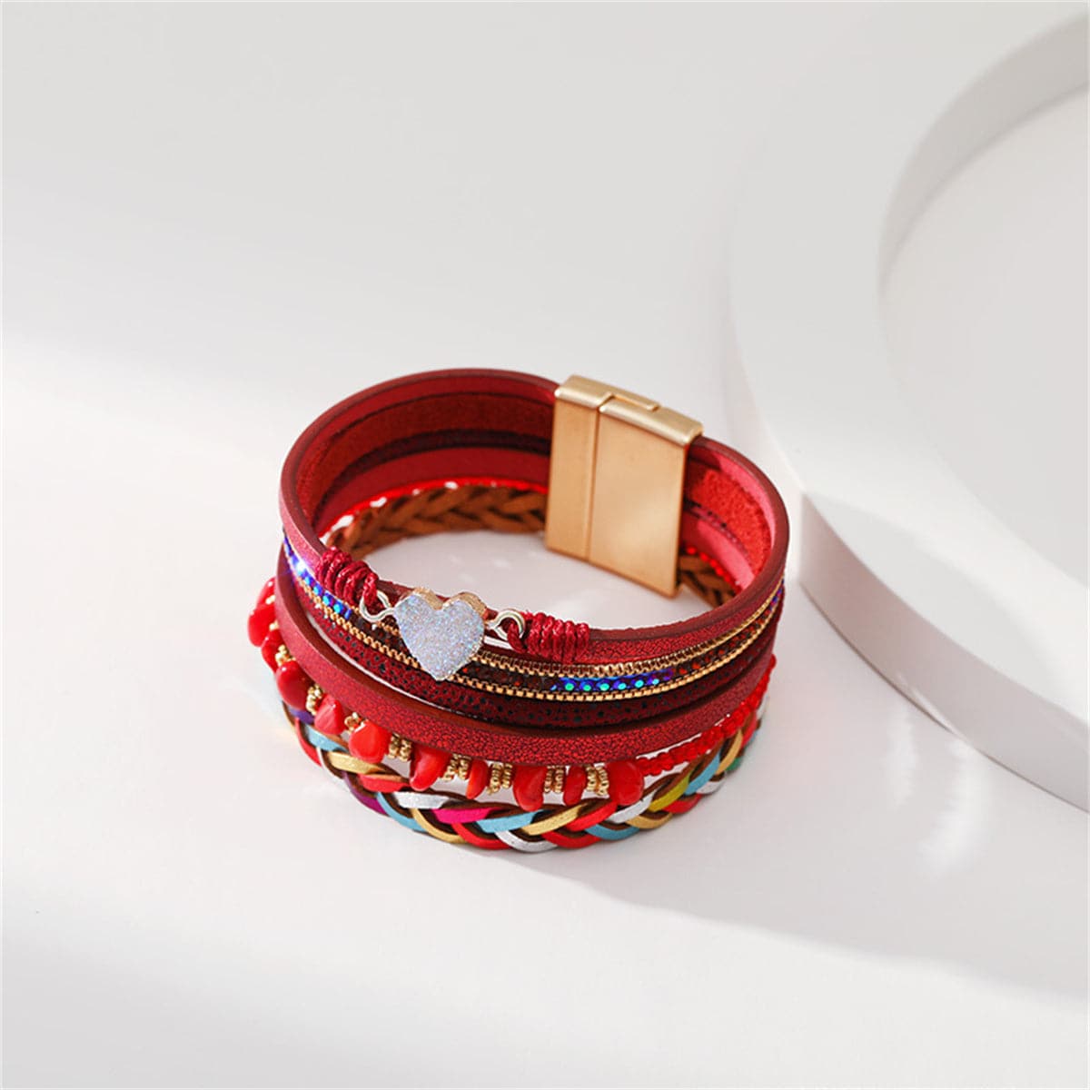 Red Polystyrene and Cubic Zirconia Heart Layered Bracelet, bracelet for women, dainty minimalist design, side view