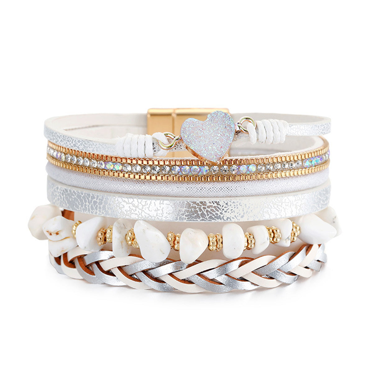 White Polystyrene and Cubic Zirconia Heart Layered Bracelet, bracelet for women, botanical inspired, front view