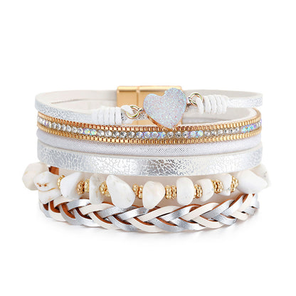 White Polystyrene and Cubic Zirconia Heart Layered Bracelet, bracelet for women, botanical inspired, front view