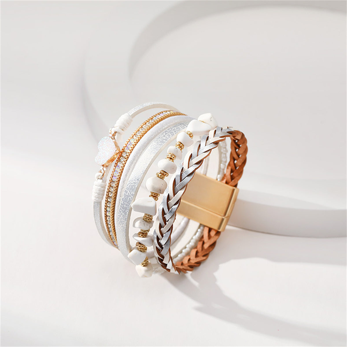 White Polystyrene and Cubic Zirconia Heart Layered Bracelet, bracelet for women, botanical inspired, side view