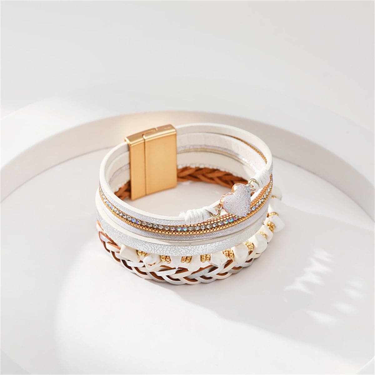 White Polystyrene and Cubic Zirconia Heart Layered Bracelet, bracelet for women, botanical inspired, lifestyle look