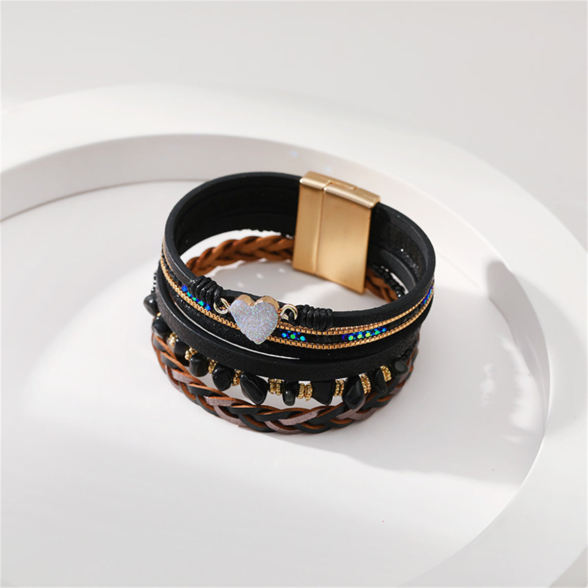 Cubic Zirconia and 18K Gold-Plated Layered Bracelet, gold bracelet for women, vintage-inspired design, side view
