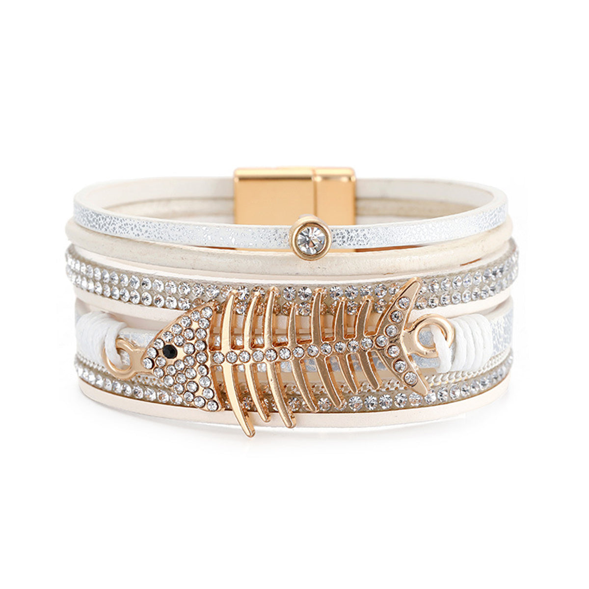 White Polystyrene and Cubic Zirconia Fishbone Layered Bracelet, bracelet for women, elegant gift for her, front view