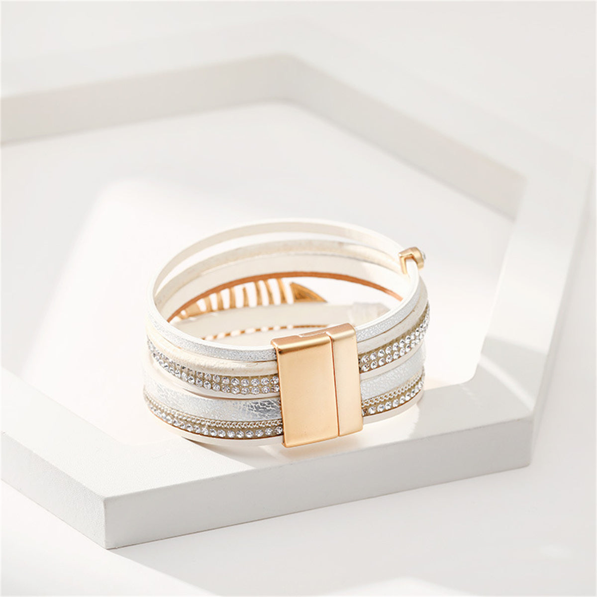 White Polystyrene and Cubic Zirconia Fishbone Layered Bracelet, bracelet for women, elegant gift for her, styled look