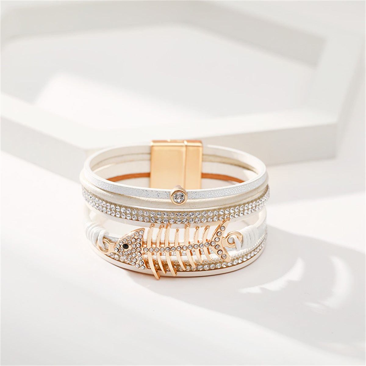 White Polystyrene and Cubic Zirconia Fishbone Layered Bracelet, bracelet for women, elegant gift for her, side view