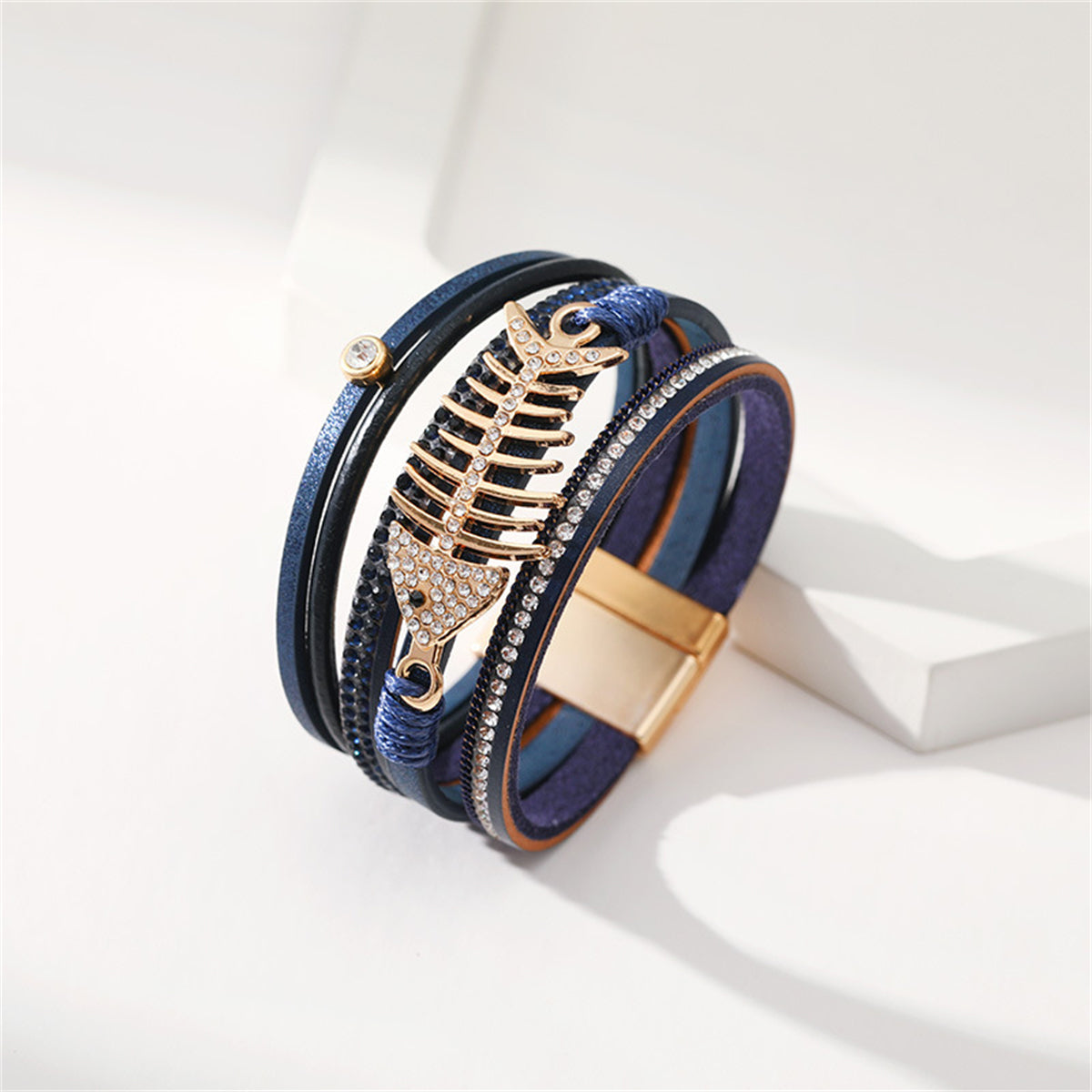 Navy Polystyrene & Cubic Zirconia Fishbone Layered Bracelet