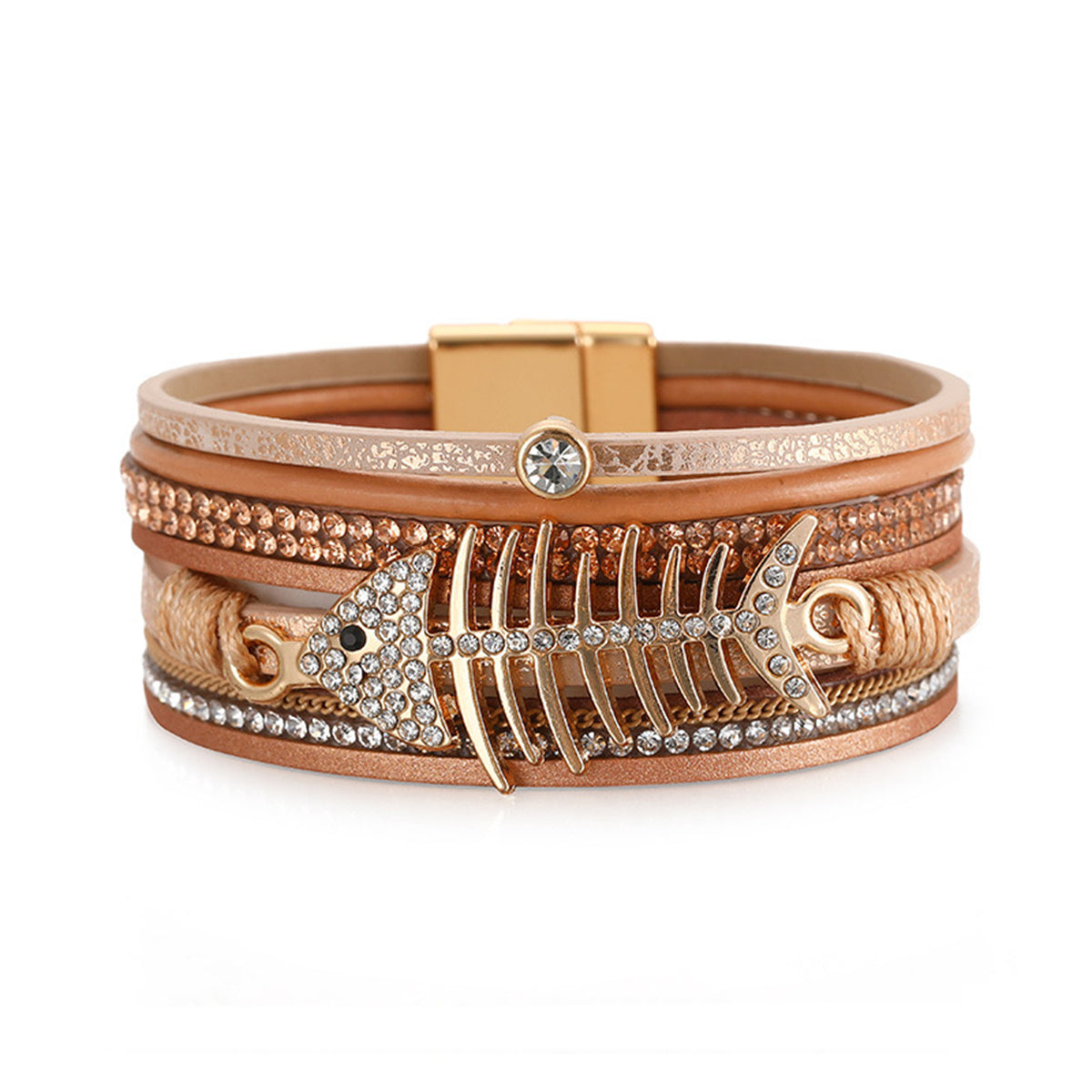 Golden Polystyrene and Cubic Zirconia Fishbone Layered Bracelet, gold bracelet for women, elegant gift for her, front view