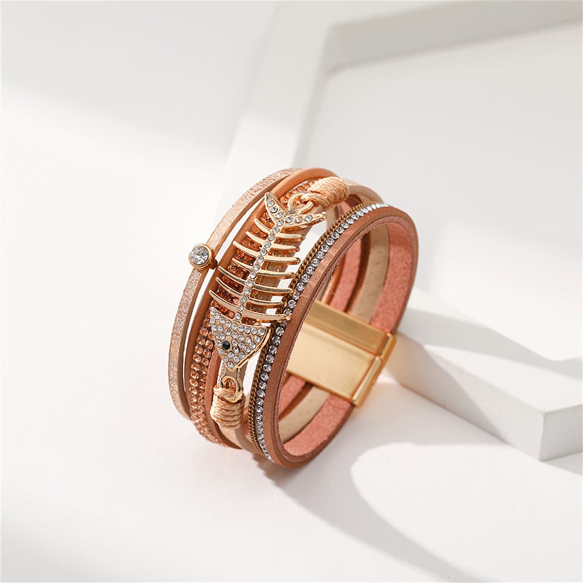 Golden Polystyrene and Cubic Zirconia Fishbone Layered Bracelet, gold bracelet for women, elegant gift for her, side view