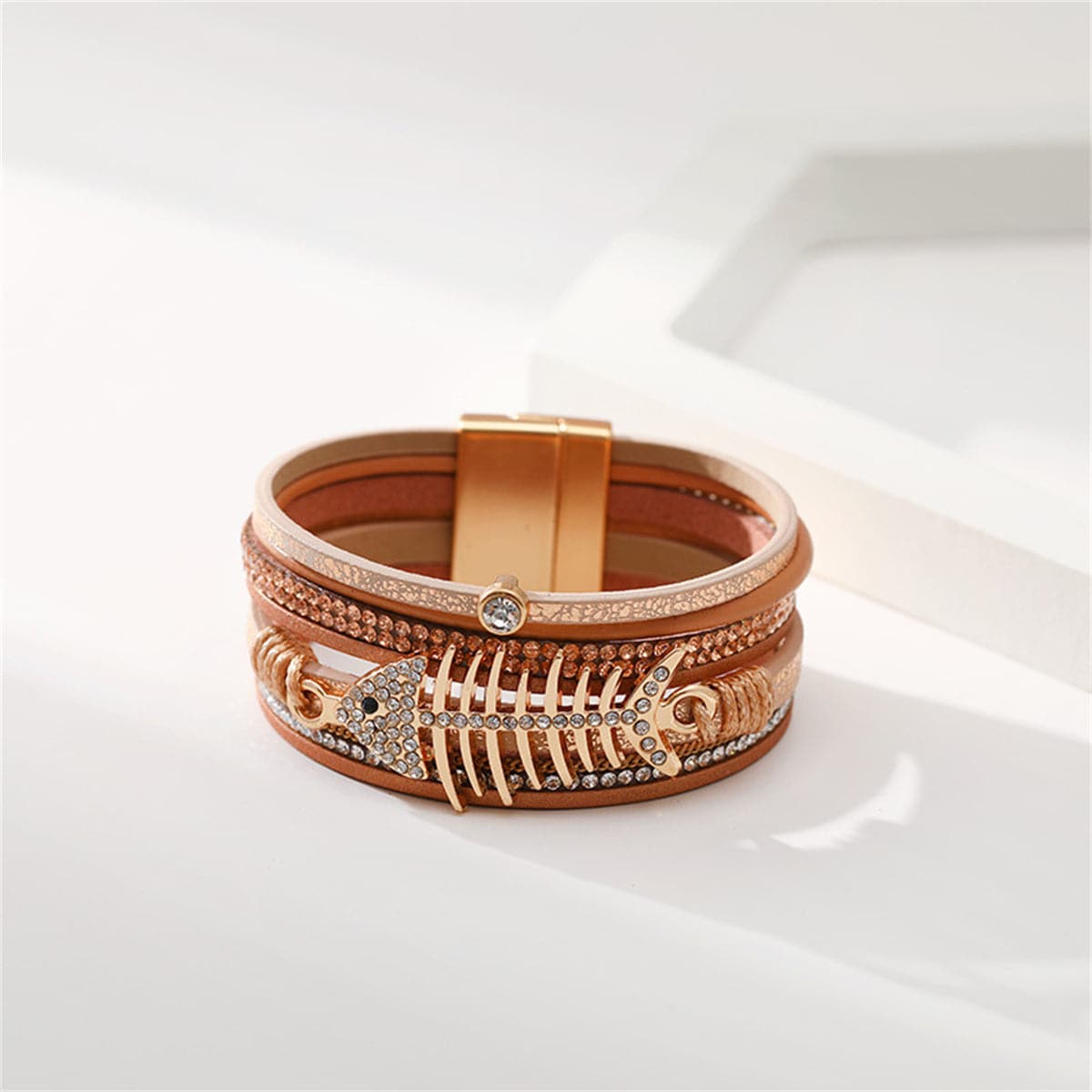 Golden Polystyrene and Cubic Zirconia Fishbone Layered Bracelet, gold bracelet for women, detail close-up