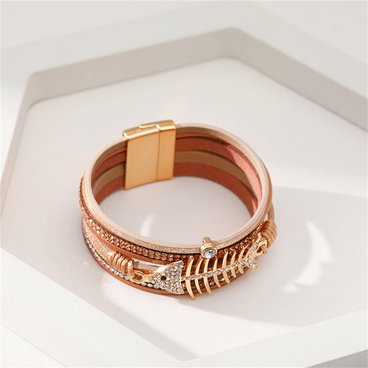 Golden Polystyrene and Cubic Zirconia Fishbone Layered Bracelet, gold bracelet for women, lifestyle look