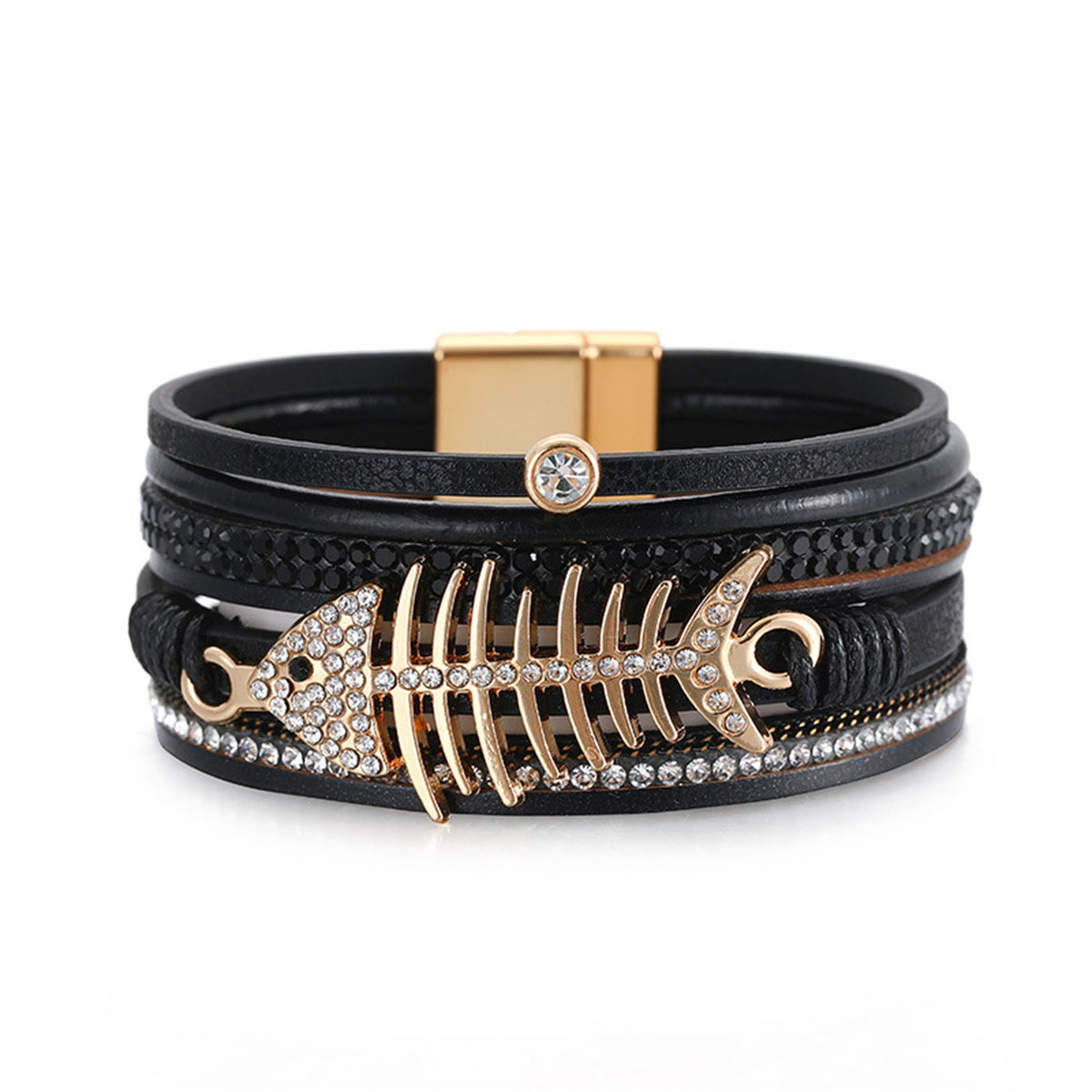 Black Polystyrene and Cubic Zirconia 18K Gold-Plated Fishbone Multi-Strand Bracelet, gold bracelet for women, front view