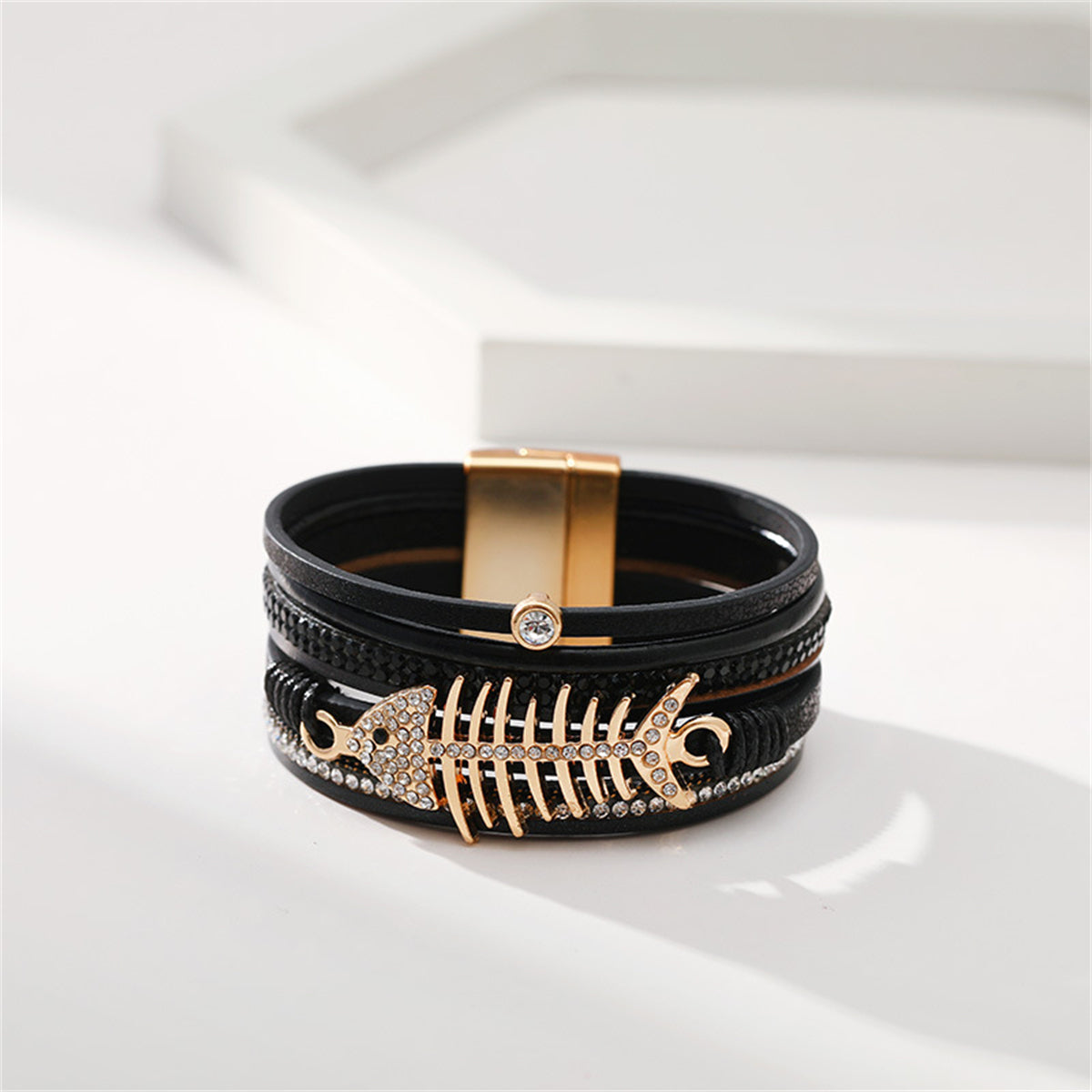 Black Polystyrene and Cubic Zirconia 18K Gold-Plated Fishbone Multi-Strand Bracelet, gold bracelet for women, side view