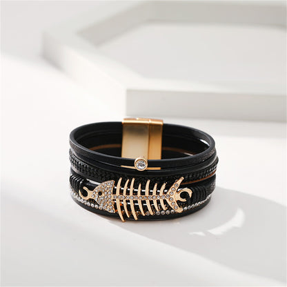 Black Polystyrene and Cubic Zirconia 18K Gold-Plated Fishbone Multi-Strand Bracelet, gold bracelet for women, side view