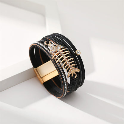 Black Polystyrene and Cubic Zirconia 18K Gold-Plated Fishbone Multi-Strand Bracelet, gold bracelet for women, detail close-up