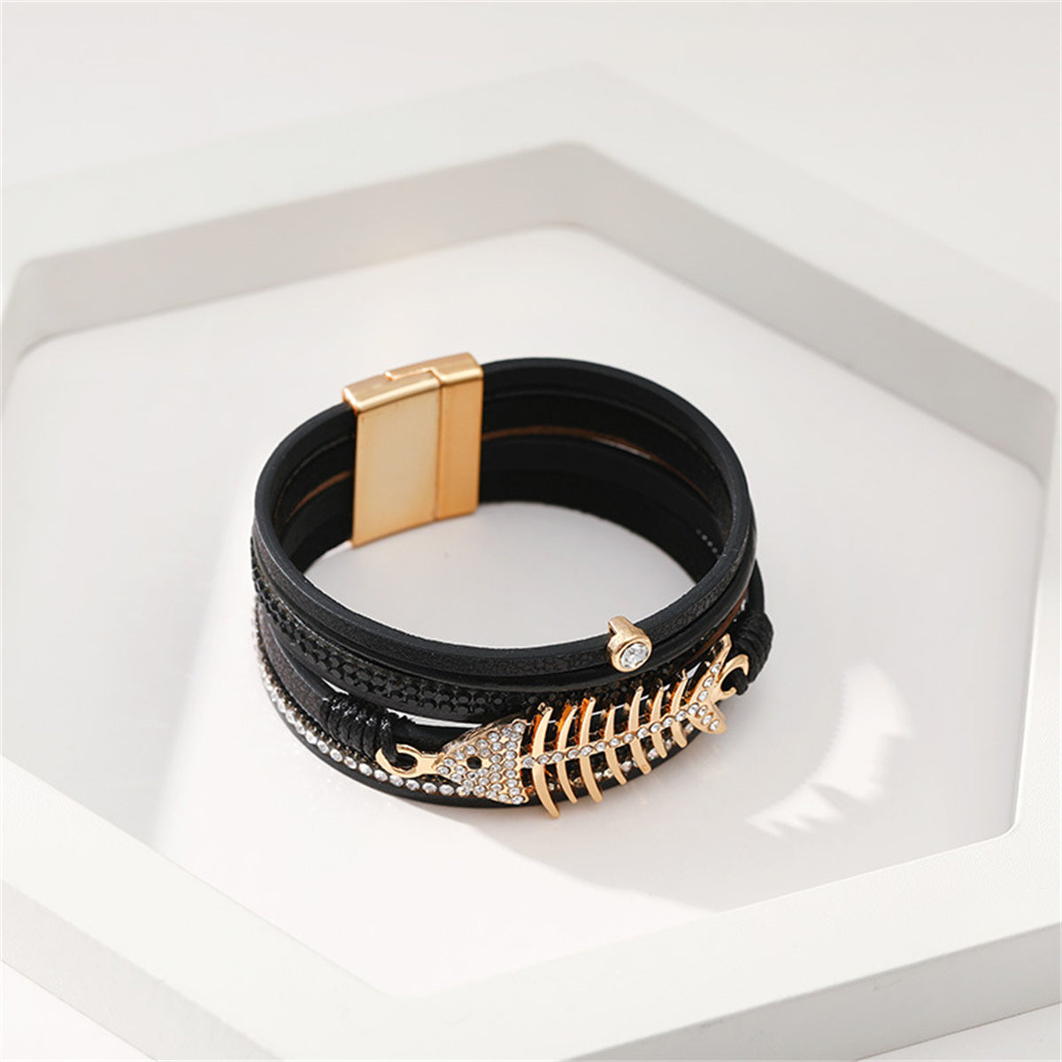 Black Polystyrene and Cubic Zirconia 18K Gold-Plated Fishbone Multi-Strand Bracelet, gold bracelet for women, lifestyle look
