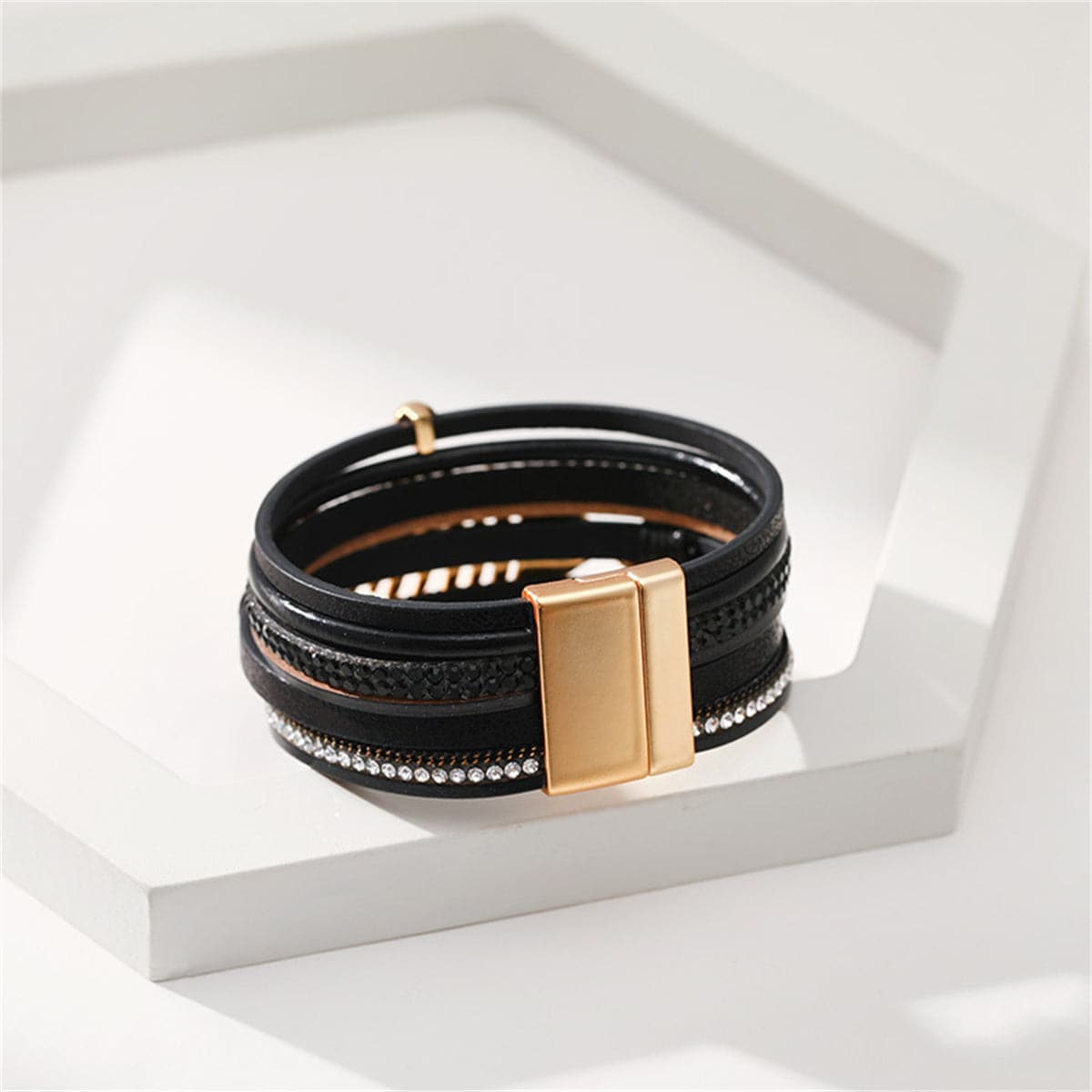 Black Polystyrene and Cubic Zirconia 18K Gold-Plated Fishbone Multi-Strand Bracelet, gold bracelet for women, styled look