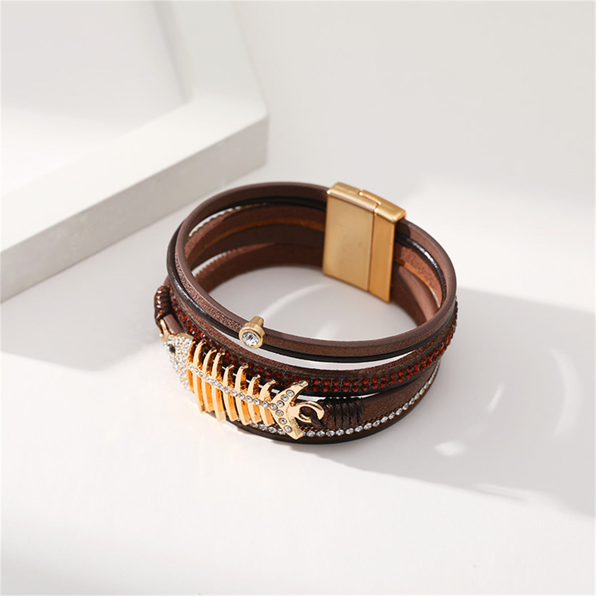 Brown Polystyrene & Cubic Zirconia Fishbone Layered Bracelet