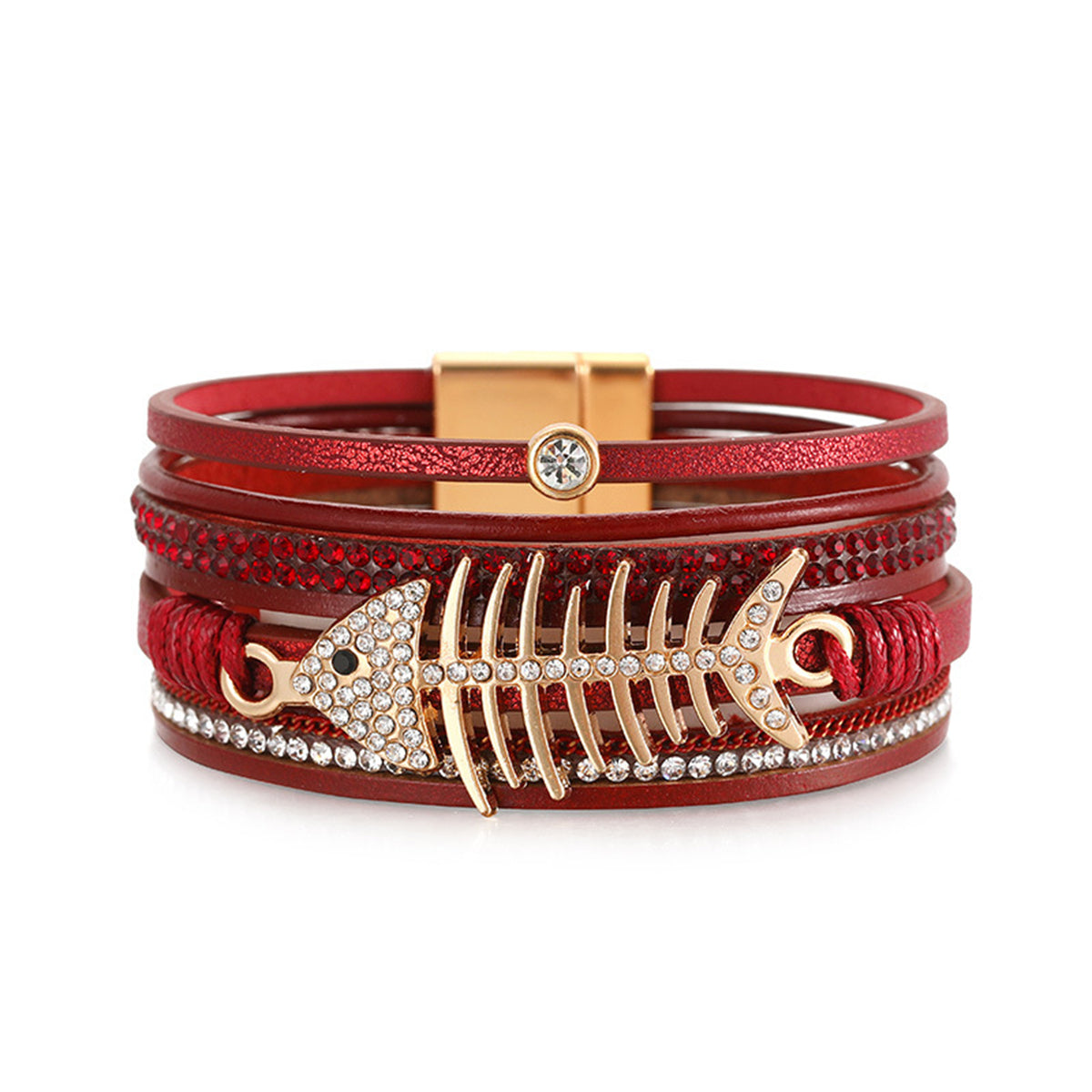 Red Polystyrene and Cubic Zirconia Fishbone Layered Bracelet, bracelet for women, everyday style, front view