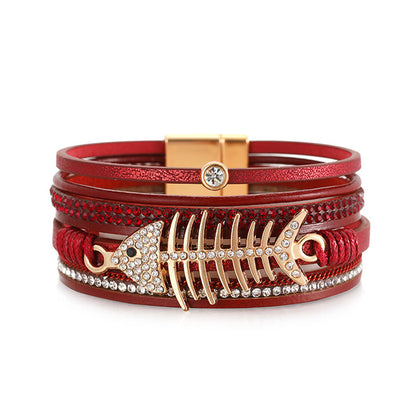 Red Polystyrene and Cubic Zirconia Fishbone Layered Bracelet, bracelet for women, everyday style, front view