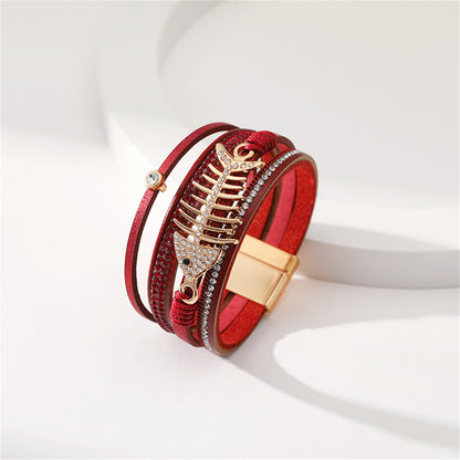 Red Polystyrene and Cubic Zirconia Fishbone Layered Bracelet, bracelet for women, everyday style, detail close-up