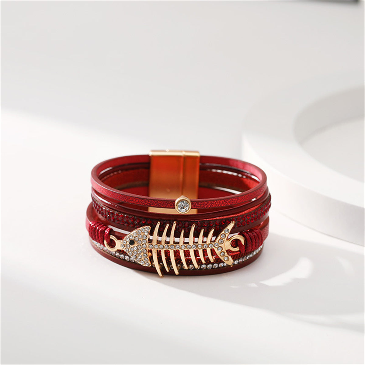 Red Polystyrene & Cubic Zirconia Fishbone Layered Bracelet