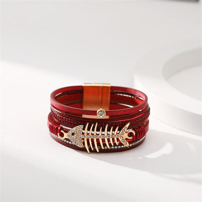 Red Polystyrene and Cubic Zirconia Fishbone Layered Bracelet, bracelet for women, everyday style, lifestyle look