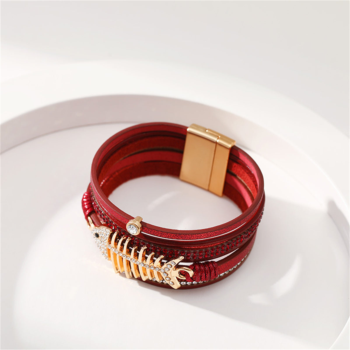 Red Polystyrene and Cubic Zirconia Fishbone Layered Bracelet, bracelet for women, everyday style, side view
