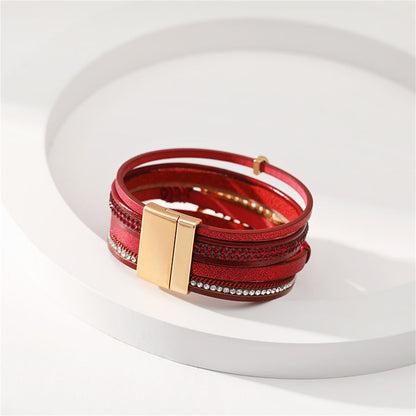 Red Polystyrene and Cubic Zirconia Fishbone Layered Bracelet, bracelet for women, everyday style, styled look