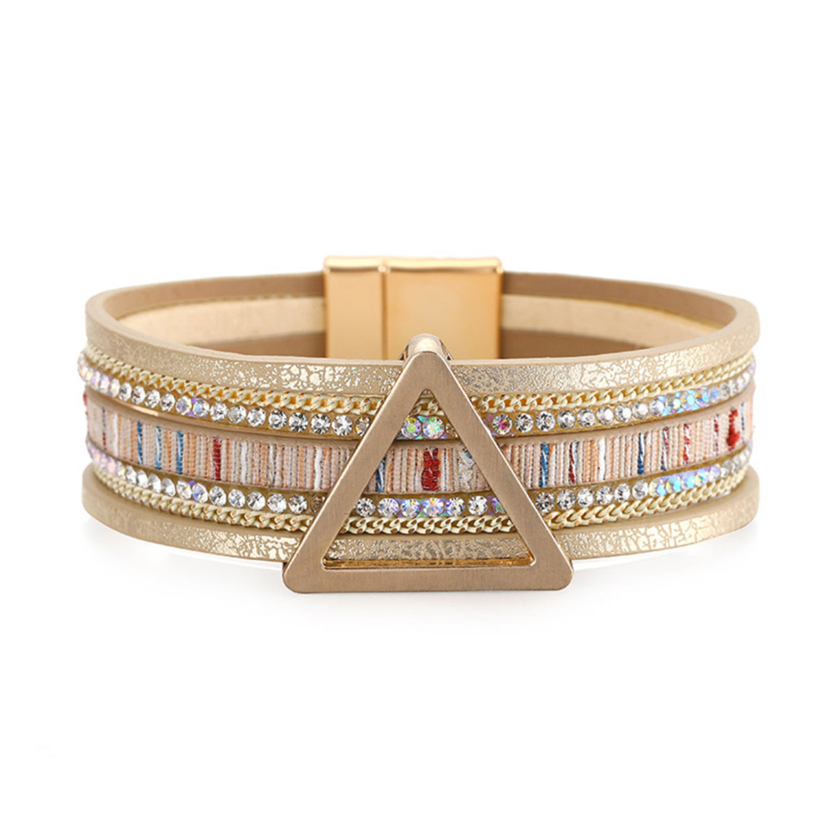 Golden Polystyrene and Cubic Zirconia Triangle Layered Bracelet, gold bracelet for women, vintage-inspired design, front view