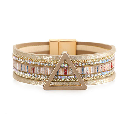Golden Polystyrene and Cubic Zirconia Triangle Layered Bracelet, gold bracelet for women, vintage-inspired design, front view