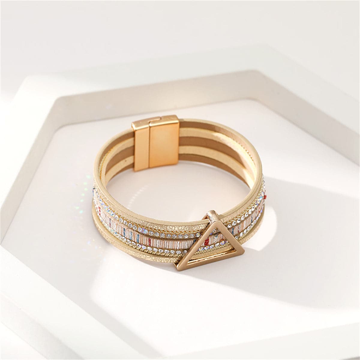 Golden Polystyrene and Cubic Zirconia Triangle Layered Bracelet, gold bracelet for women, vintage-inspired design, side view