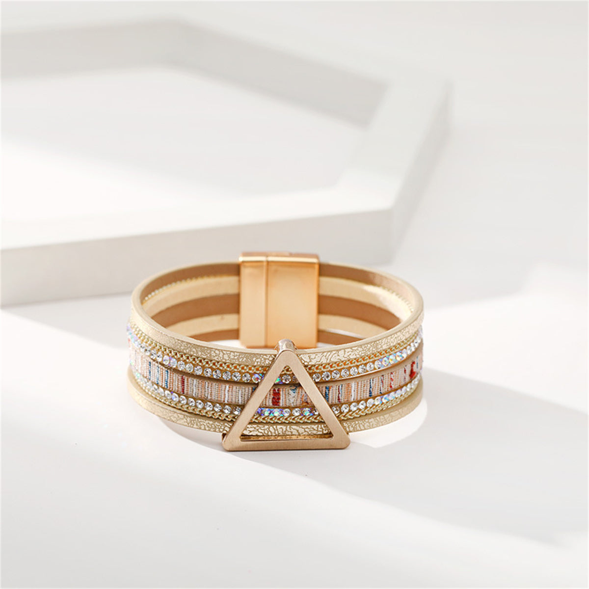 Golden Polystyrene and Cubic Zirconia Triangle Layered Bracelet, gold bracelet for women, detail close-up