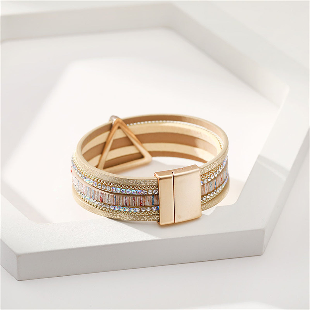 Golden Polystyrene and Cubic Zirconia Triangle Layered Bracelet, gold bracelet for women, styled look