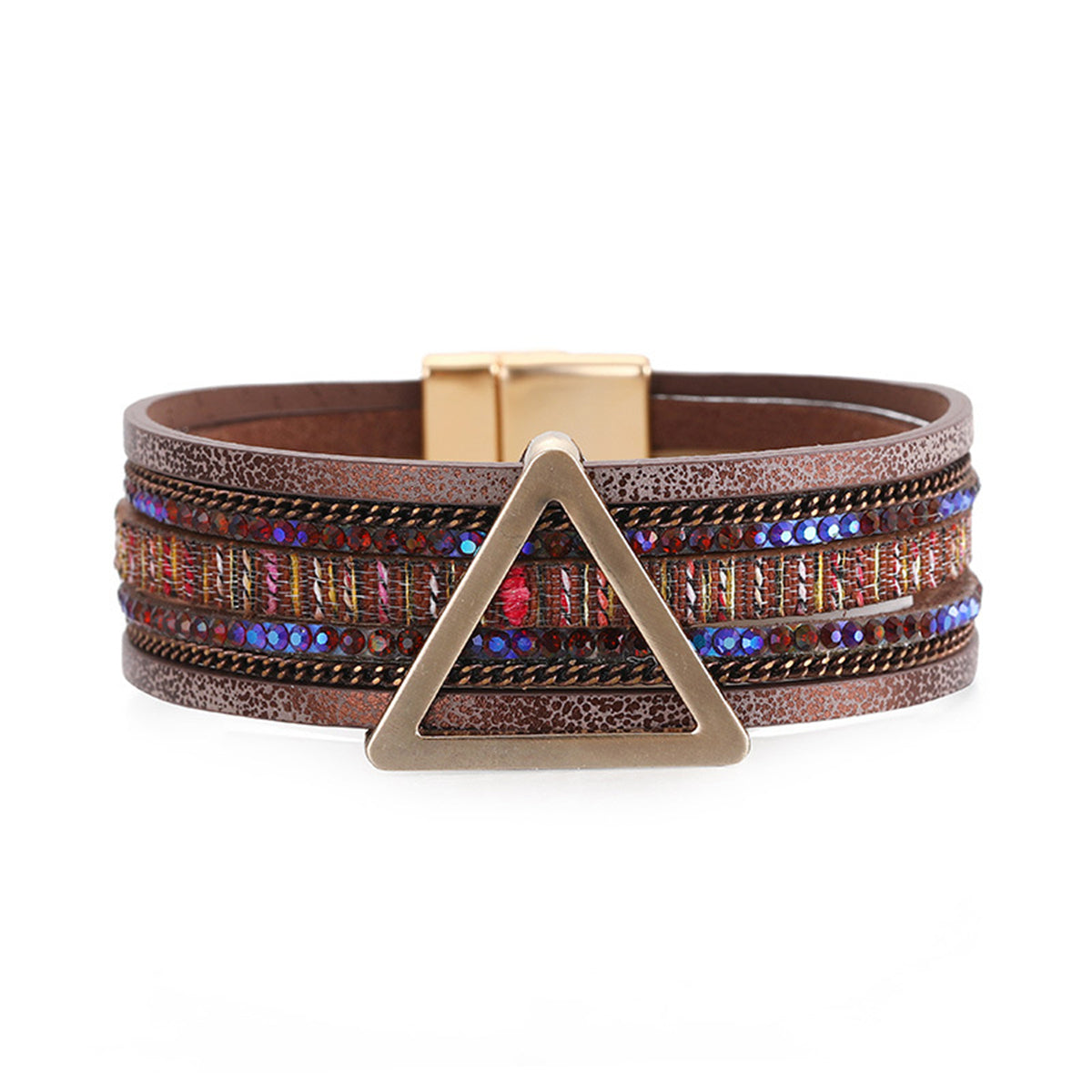 Brown Polystyrene and Cubic Zirconia Triangle Layered Bracelet, bracelet for women, dainty minimalist design, front view