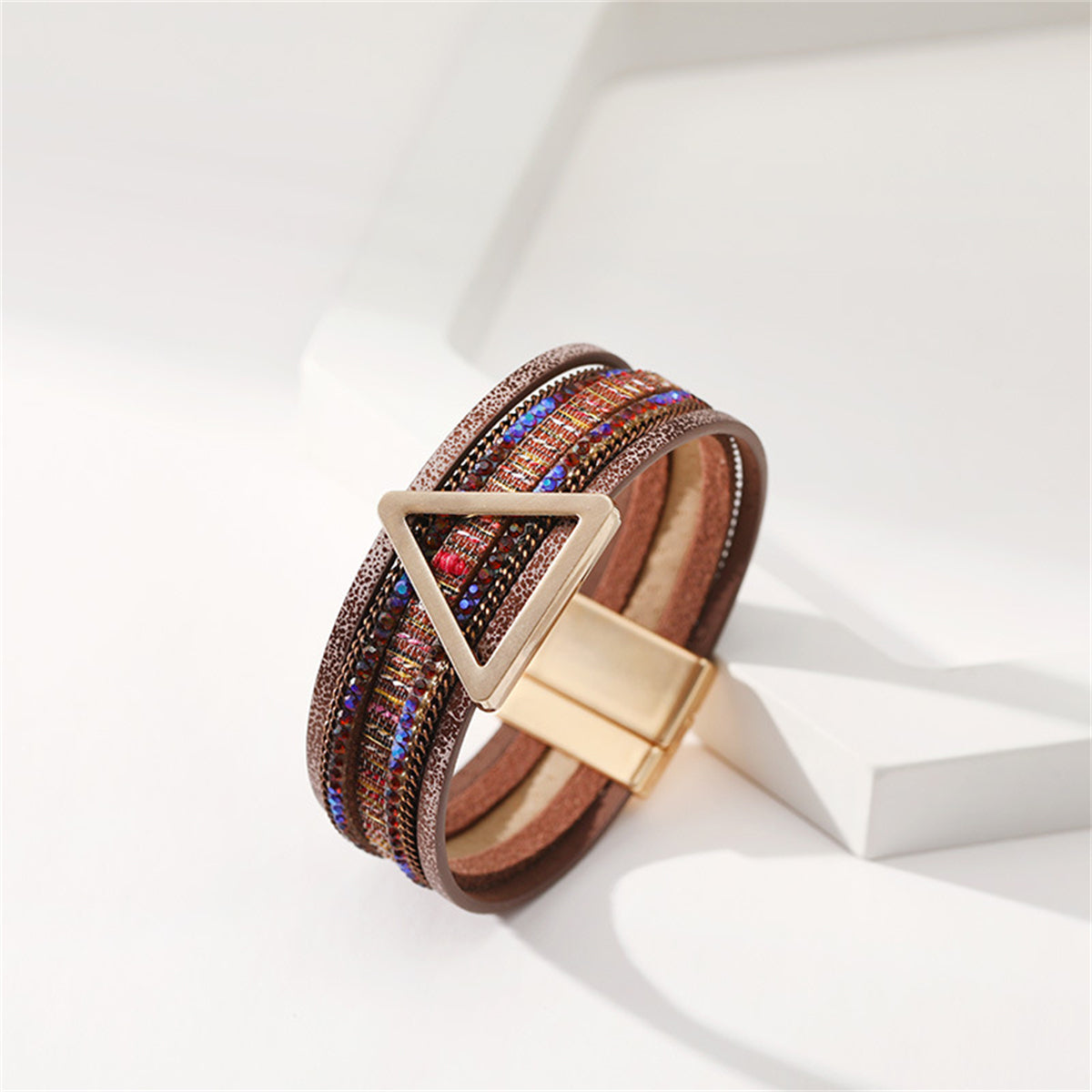 Brown Polystyrene and Cubic Zirconia Triangle Layered Bracelet, bracelet for women, dainty minimalist design, detail close-up